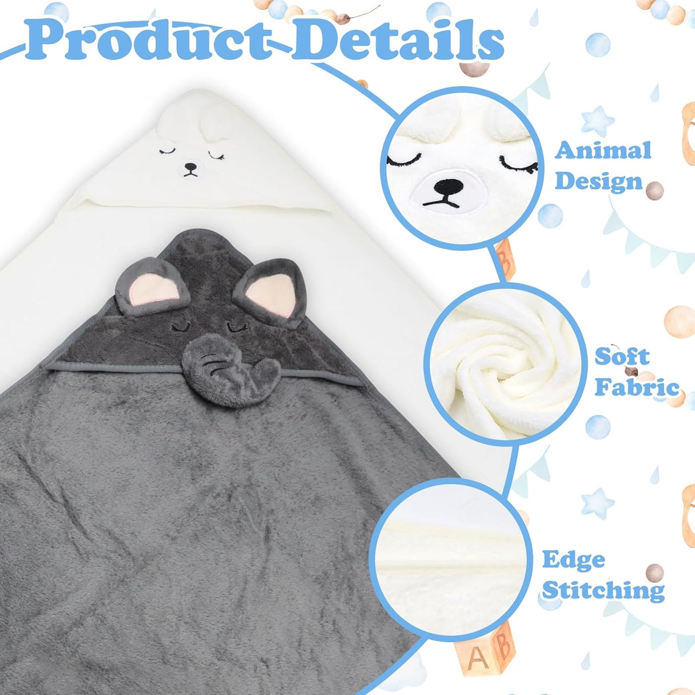 2 PCS Baby Hooded Towels Newborn, 80*80 CM Hooded Baby Towel Girl Boy, Ultra Soft Hooded Bath Towel for Baby, Absorbent Newborn Essentials Baby Bath Towel, Baby Towels with 30*40 CM Storage Bag