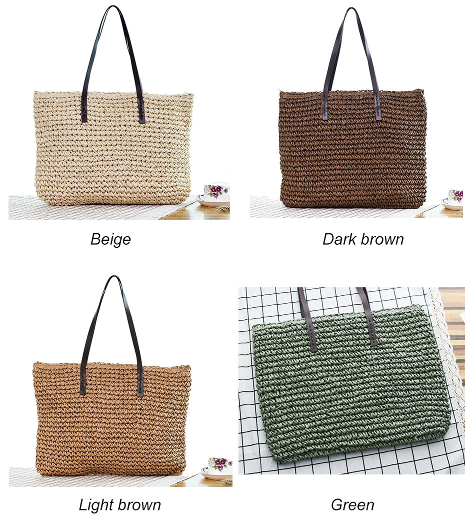 Women Handbag Summer Beach Bag Rattan Woven Handmade Knitted Straw Large Capacity Totes Leather Women Shoulder Bag Bohemia New
