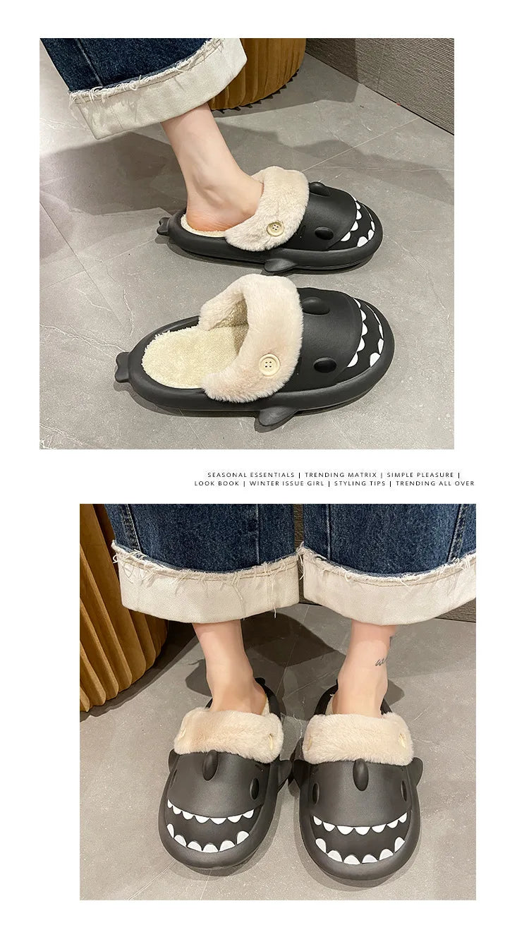 Winter Shark Slippers Woman Cotton Waterproof Sandals Indoor Non-slip Slides Plush Home Warm Couple Shark Flip Flops Flat Shoe