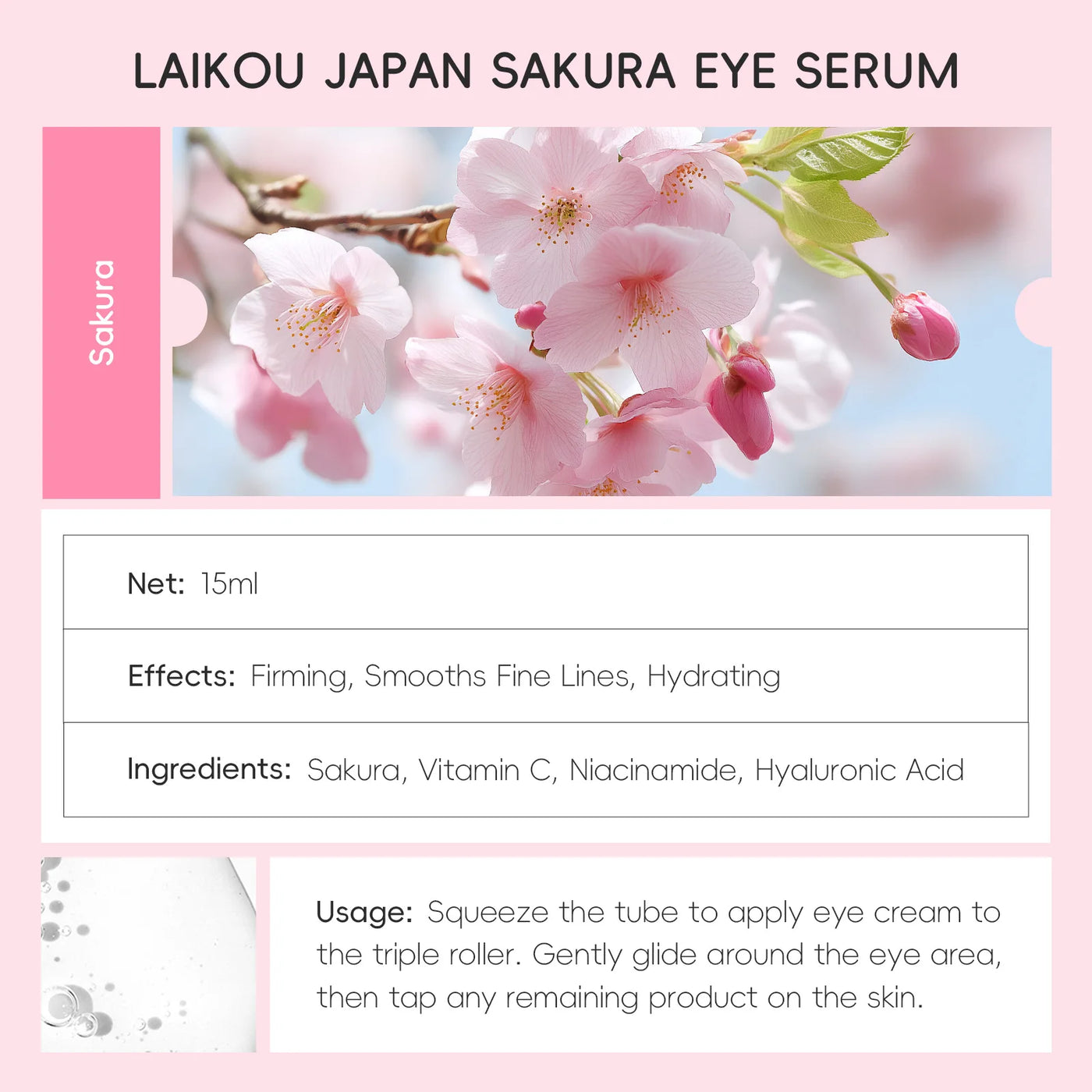 LAIKOU Sakura Eye Serum Roller Massage Hyaluronic Acid Skin Care Eye Bags Cream Moisturizing Dark Circles 15ml