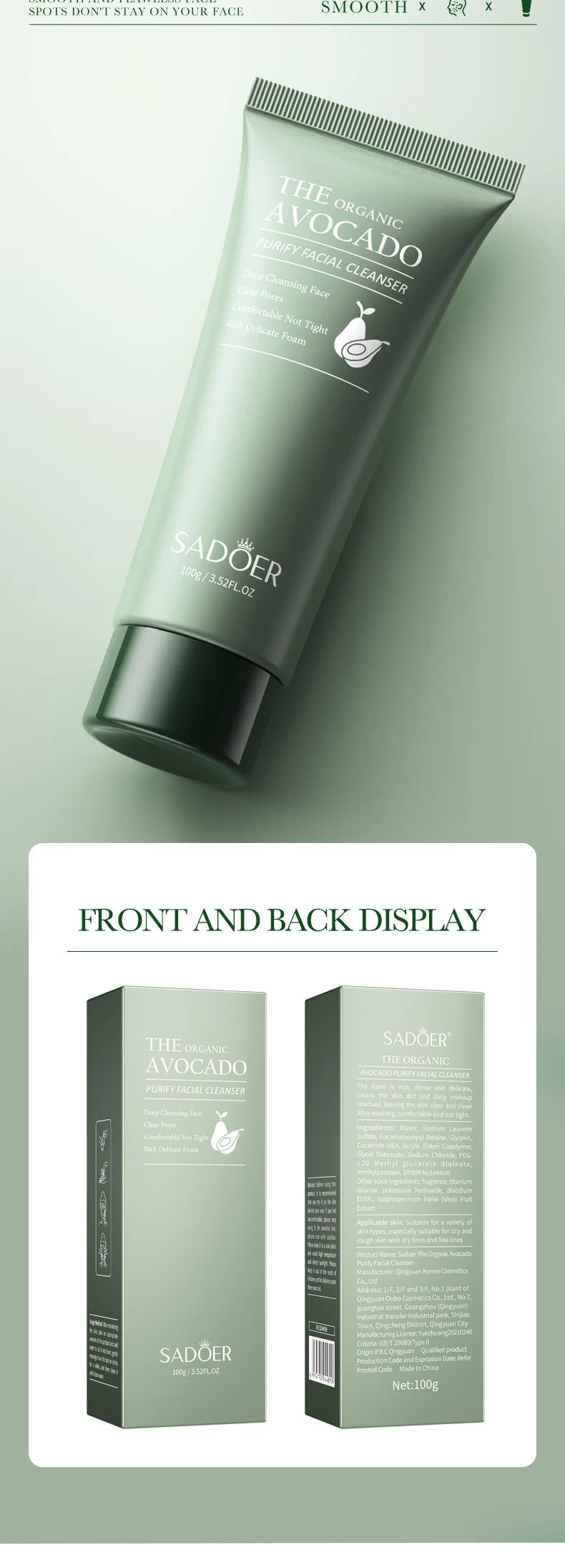 SAODER Avocado Facial Cleanser Face Wash Foam Face Cleanser Moisturizing Exfoliating Facial Cleansing Face Skin Care Products