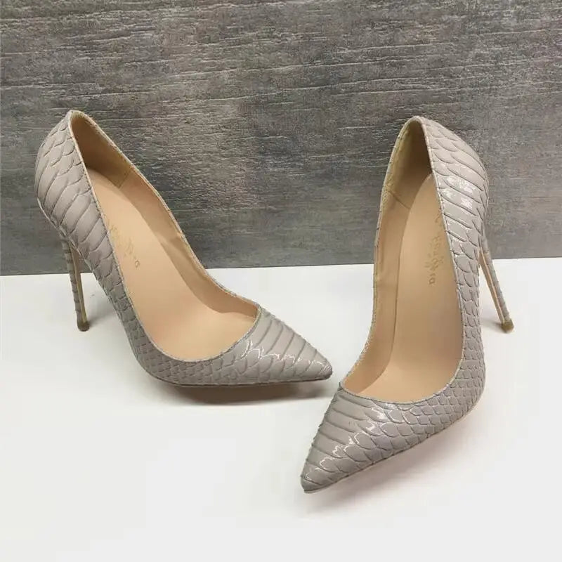 Grey Snakeskin Patent Leather Women's  Shoes Super High Heels Wedding Shoes Big Size 33  43 44 45,Thin Tip High Heel Shoes