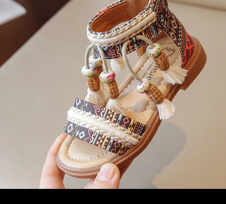 Girls Sandals Ethnic Retro Children Fashion Casual Shoes Tassels 2024 Back Zipper Summer New Sandals Kids Pattern GLADIATOR Cute