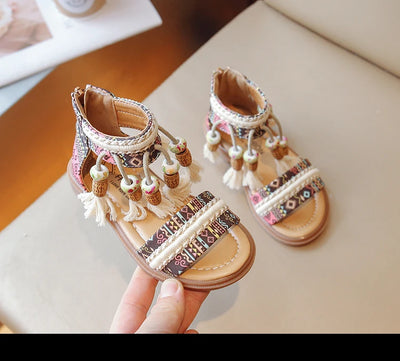 Girls Sandals Ethnic Retro Children Fashion Casual Shoes Tassels 2024 Back Zipper Summer New Sandals Kids Pattern GLADIATOR Cute