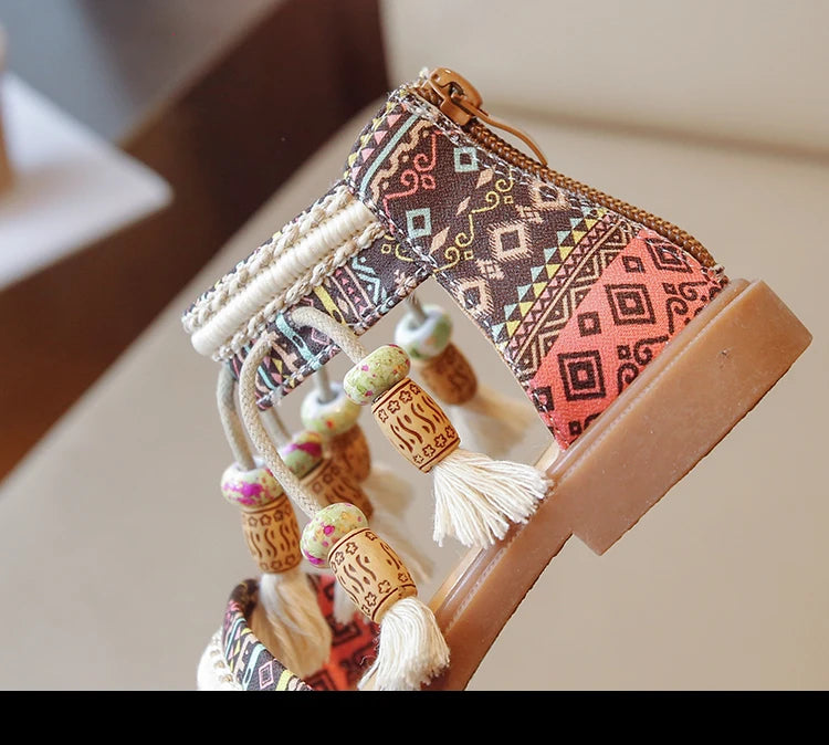 Girls Sandals Ethnic Retro Children Fashion Casual Shoes Tassels 2024 Back Zipper Summer New Sandals Kids Pattern GLADIATOR Cute