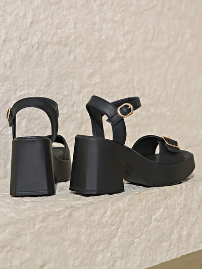 Women's thick sole sandals solid color casual shoes one line buckle high heel sandals women's wedge shaped fish mouth shoes