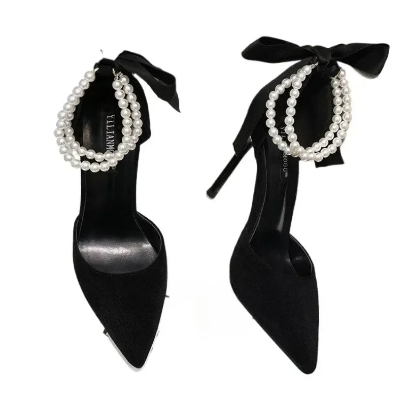 Shoes for Women 2023 Brand Spring Women's Pumps Pointed Toe Solid Flock Beads Bow Tie Buckle Shallow Mouth Novelty High Heels