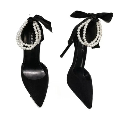 Shoes for Women 2023 Brand Spring Women's Pumps Pointed Toe Solid Flock Beads Bow Tie Buckle Shallow Mouth Novelty High Heels