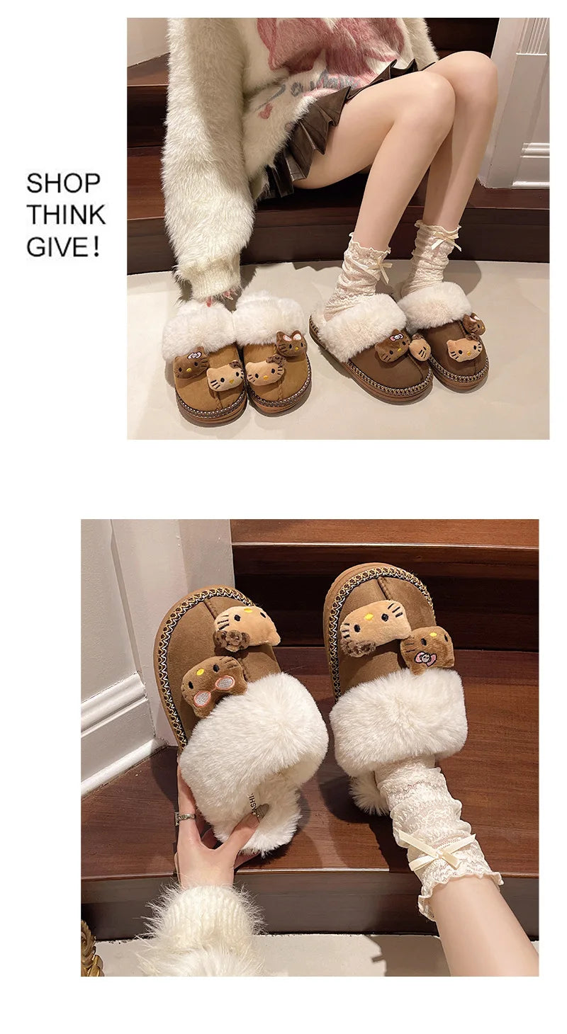 Hello Kitty Plush Slippers Sanrio Anime Y2k Women Cotton Slipper Cute Warm Home Shoes Outdoors Thick Soled Shoes Girls Gift