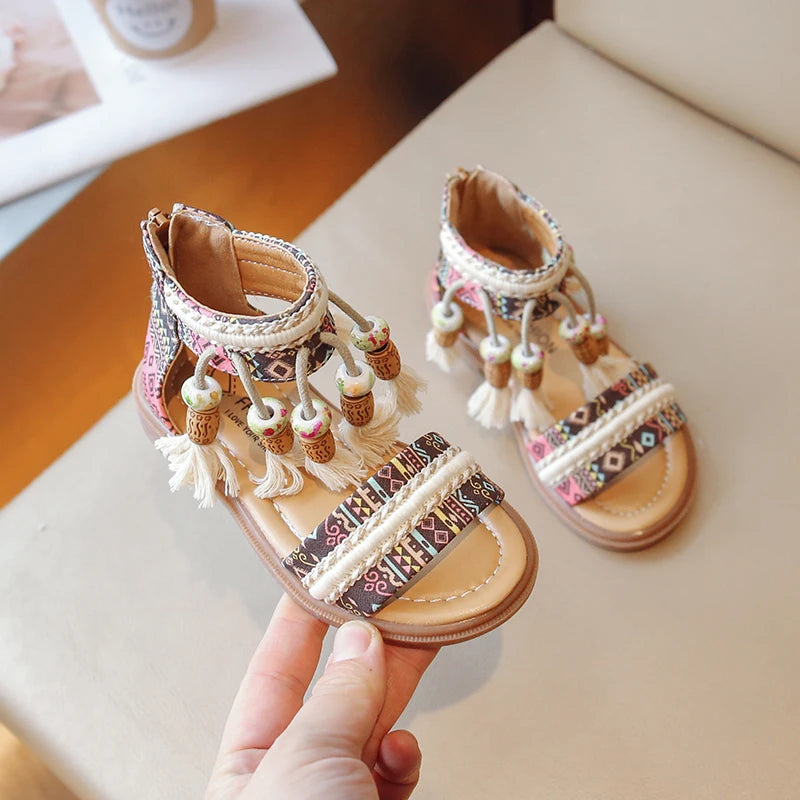 Girls Sandals Ethnic Retro Children Fashion Casual Shoes Tassels 2024 Back Zipper Summer New Sandals Kids Pattern GLADIATOR Cute