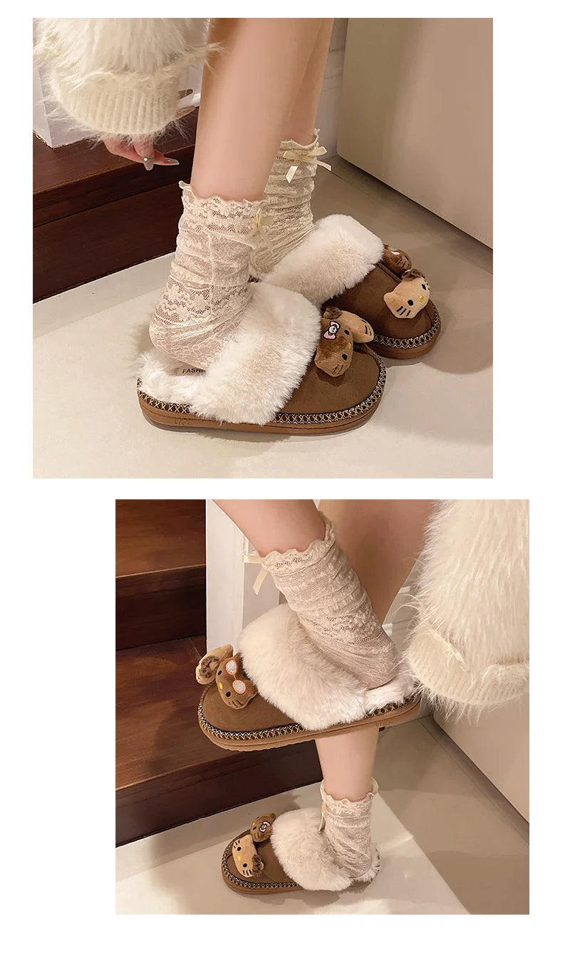 Hello Kitty Plush Slippers Sanrio Anime Y2k Women Cotton Slipper Cute Warm Home Shoes Outdoors Thick Soled Shoes Girls Gift