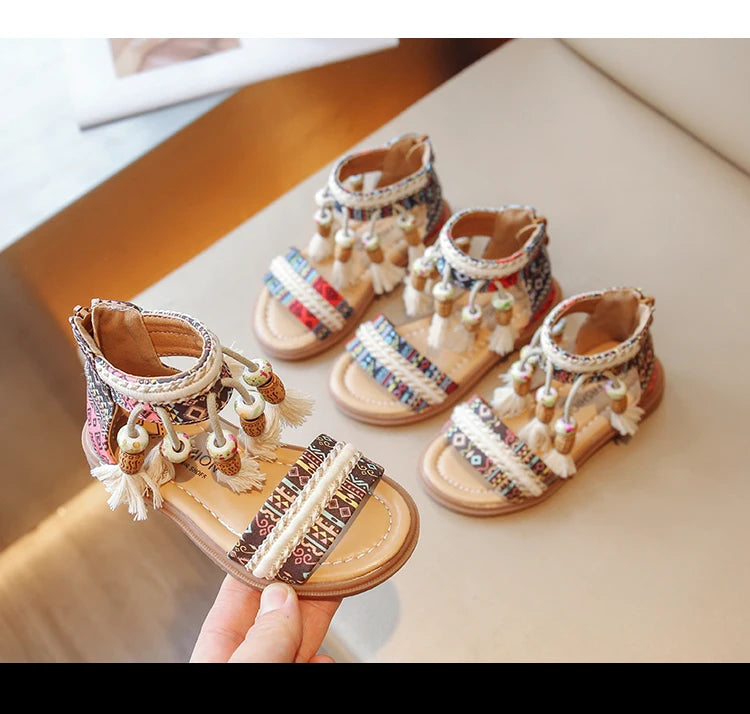 Girls Sandals Ethnic Retro Children Fashion Casual Shoes Tassels 2024 Back Zipper Summer New Sandals Kids Pattern GLADIATOR Cute