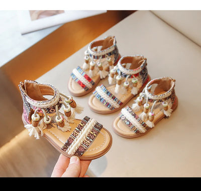 Girls Sandals Ethnic Retro Children Fashion Casual Shoes Tassels 2024 Back Zipper Summer New Sandals Kids Pattern GLADIATOR Cute