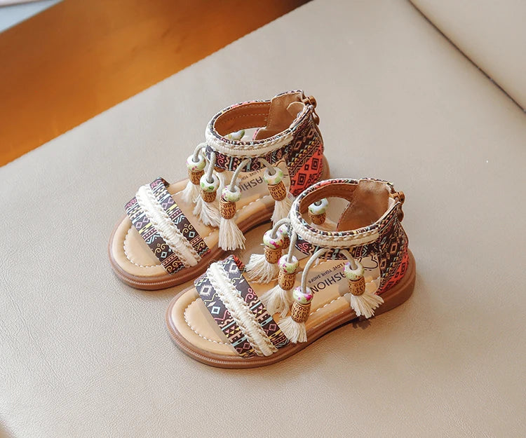 Girls Sandals Ethnic Retro Children Fashion Casual Shoes Tassels 2024 Back Zipper Summer New Sandals Kids Pattern GLADIATOR Cute