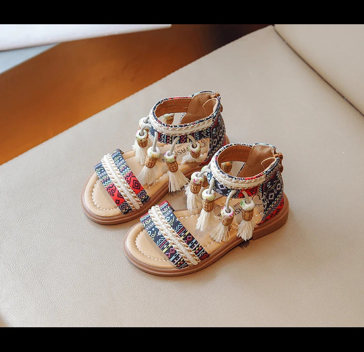 Girls Sandals Ethnic Retro Children Fashion Casual Shoes Tassels 2024 Back Zipper Summer New Sandals Kids Pattern GLADIATOR Cute