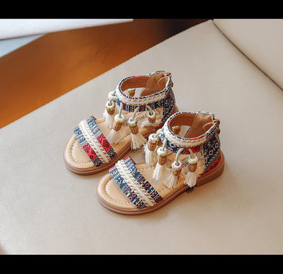 Girls Sandals Ethnic Retro Children Fashion Casual Shoes Tassels 2024 Back Zipper Summer New Sandals Kids Pattern GLADIATOR Cute