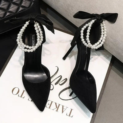 Shoes for Women 2023 Brand Spring Women's Pumps Pointed Toe Solid Flock Beads Bow Tie Buckle Shallow Mouth Novelty High Heels