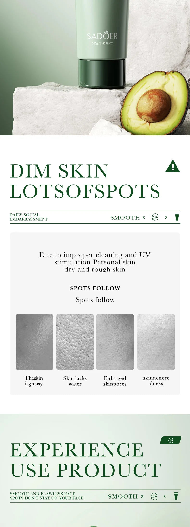 SAODER Avocado Facial Cleanser Face Wash Foam Face Cleanser Moisturizing Exfoliating Facial Cleansing Face Skin Care Products