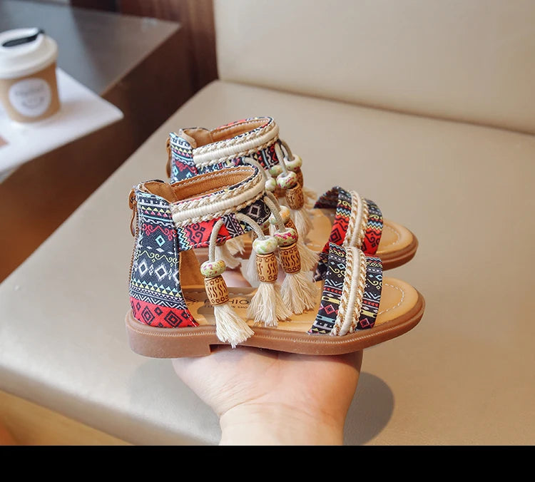 Girls Sandals Ethnic Retro Children Fashion Casual Shoes Tassels 2024 Back Zipper Summer New Sandals Kids Pattern GLADIATOR Cute