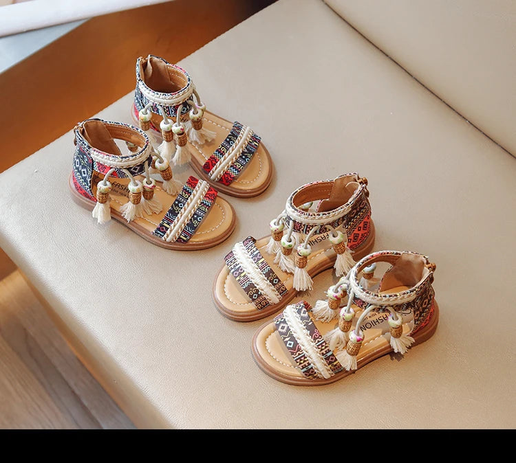 Girls Sandals Ethnic Retro Children Fashion Casual Shoes Tassels 2024 Back Zipper Summer New Sandals Kids Pattern GLADIATOR Cute