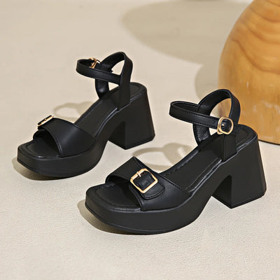 Women's thick sole sandals solid color casual shoes one line buckle high heel sandals women's wedge shaped fish mouth shoes