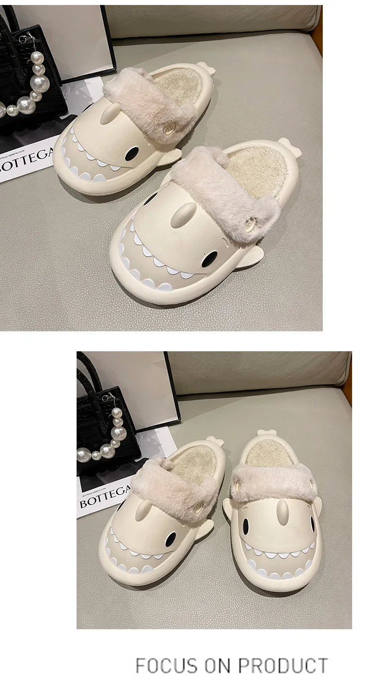 Winter Shark Slippers Woman Cotton Waterproof Sandals Indoor Non-slip Slides Plush Home Warm Couple Shark Flip Flops Flat Shoe