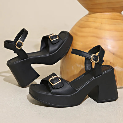 Women's thick sole sandals solid color casual shoes one line buckle high heel sandals women's wedge shaped fish mouth shoes
