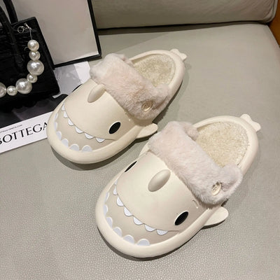 Winter Shark Slippers Woman Cotton Waterproof Sandals Indoor Non-slip Slides Plush Home Warm Couple Shark Flip Flops Flat Shoe