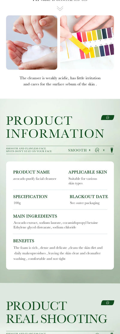 SAODER Avocado Facial Cleanser Face Wash Foam Face Cleanser Moisturizing Exfoliating Facial Cleansing Face Skin Care Products