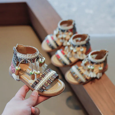 Girls Sandals Ethnic Retro Children Fashion Casual Shoes Tassels 2024 Back Zipper Summer New Sandals Kids Pattern GLADIATOR Cute