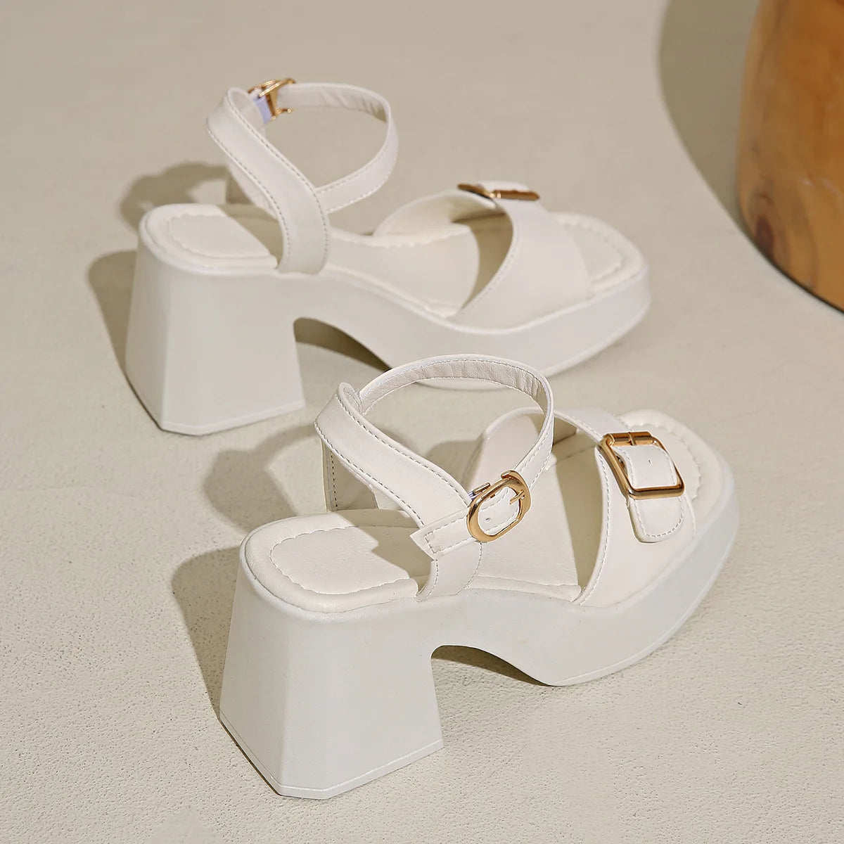 Women's thick sole sandals solid color casual shoes one line buckle high heel sandals women's wedge shaped fish mouth shoes