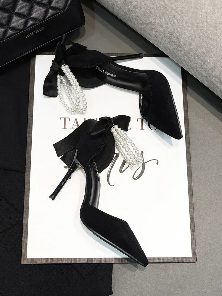 Shoes for Women 2023 Brand Spring Women's Pumps Pointed Toe Solid Flock Beads Bow Tie Buckle Shallow Mouth Novelty High Heels