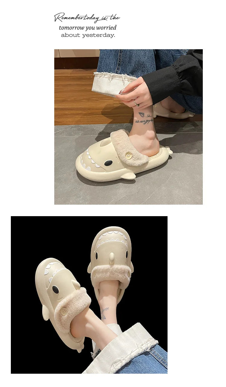 Winter Shark Slippers Woman Cotton Waterproof Sandals Indoor Non-slip Slides Plush Home Warm Couple Shark Flip Flops Flat Shoe