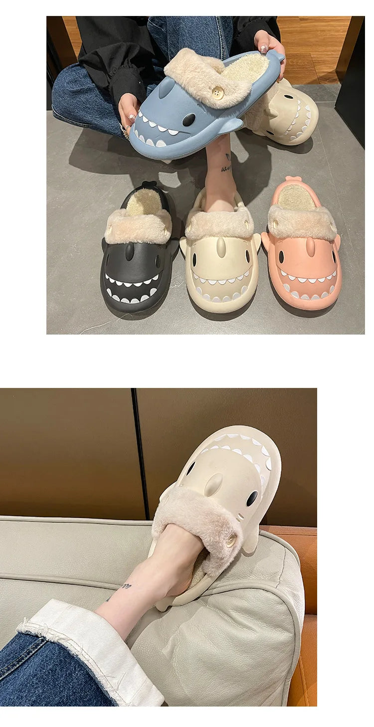 Winter Shark Slippers Woman Cotton Waterproof Sandals Indoor Non-slip Slides Plush Home Warm Couple Shark Flip Flops Flat Shoe