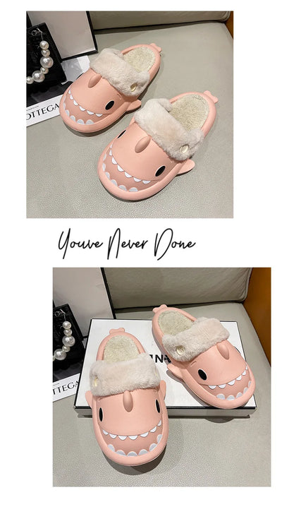 Winter Shark Slippers Woman Cotton Waterproof Sandals Indoor Non-slip Slides Plush Home Warm Couple Shark Flip Flops Flat Shoe