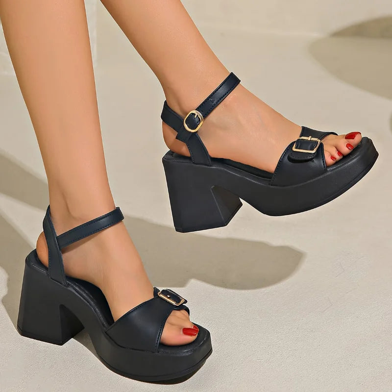 Women's thick sole sandals solid color casual shoes one line buckle high heel sandals women's wedge shaped fish mouth shoes