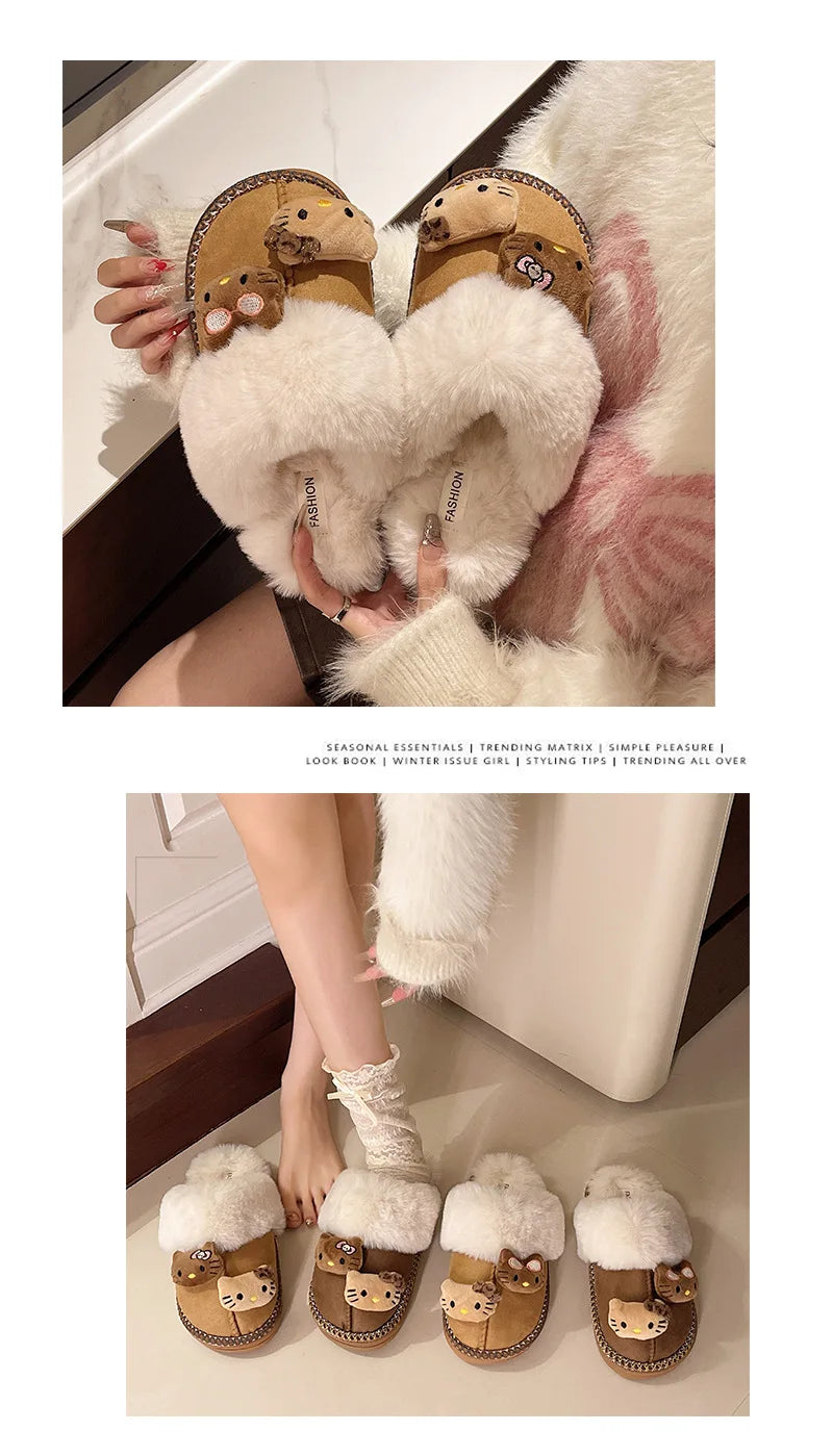 Hello Kitty Plush Slippers Sanrio Anime Y2k Women Cotton Slipper Cute Warm Home Shoes Outdoors Thick Soled Shoes Girls Gift