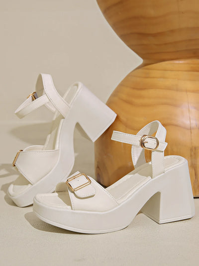 Women's thick sole sandals solid color casual shoes one line buckle high heel sandals women's wedge shaped fish mouth shoes