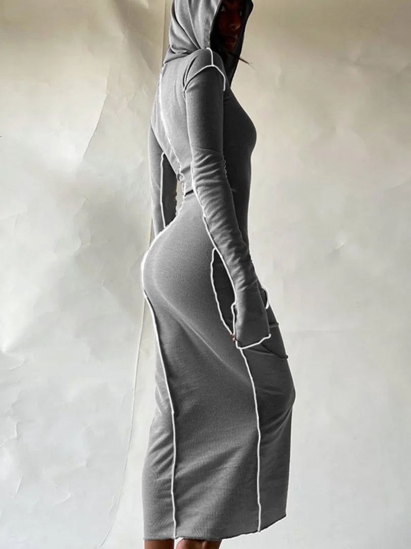 Long Sleeve Hooded Patchwork Skinny Maxi Dress 2021 Autumn Winter Women Fashion Streetwear Casual Outfits