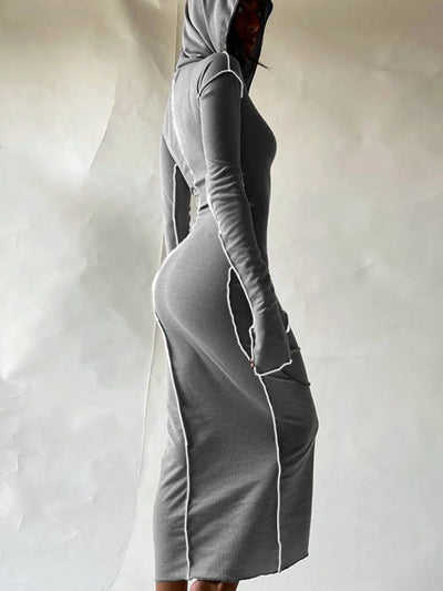Long Sleeve Hooded Patchwork Skinny Maxi Dress 2021 Autumn Winter Women Fashion Streetwear Casual Outfits