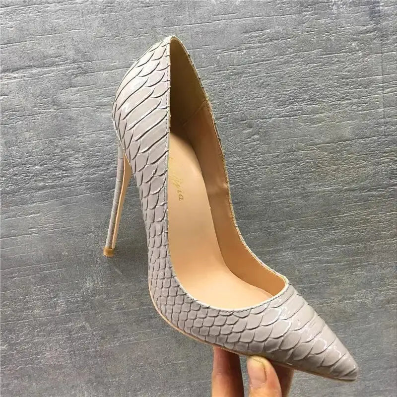 Grey Snakeskin Patent Leather Women's  Shoes Super High Heels Wedding Shoes Big Size 33  43 44 45,Thin Tip High Heel Shoes