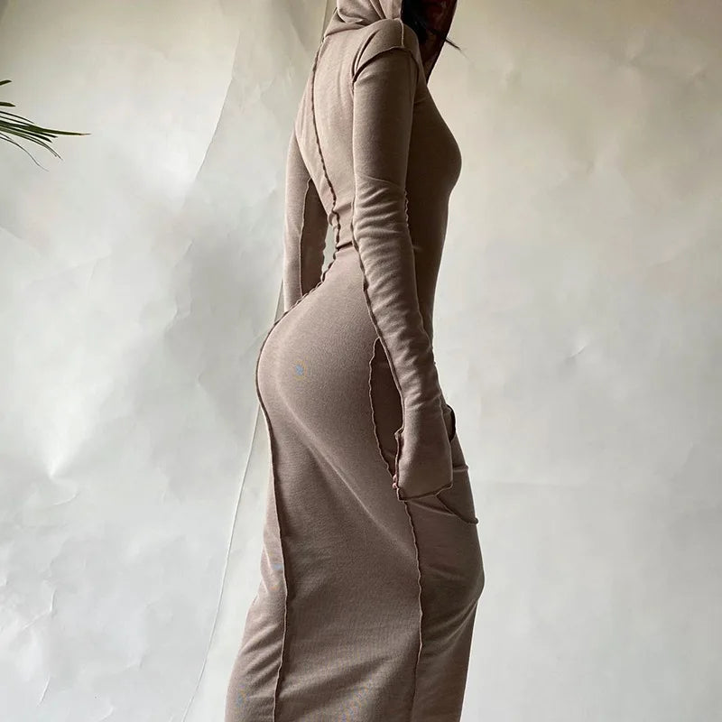 Long Sleeve Hooded Patchwork Skinny Maxi Dress 2021 Autumn Winter Women Fashion Streetwear Casual Outfits
