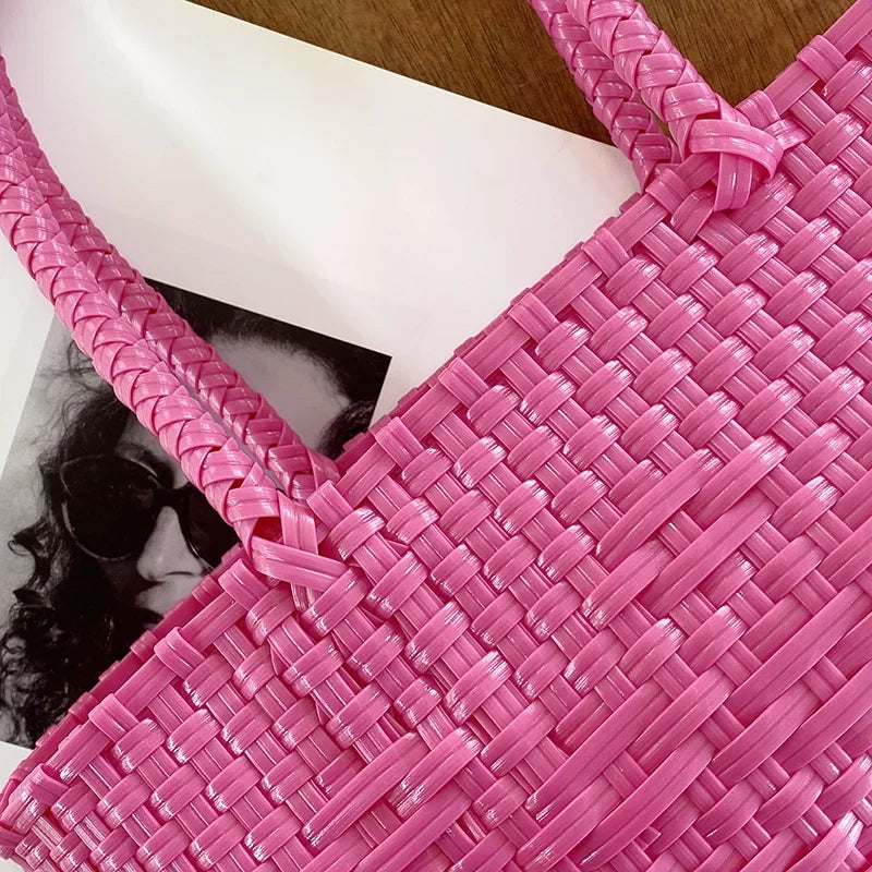 Women's PP Hand Woven Handbag Summer Large Capacity Bali Seaside Travel Beach Tote Bag Daily Reusable Shopping Handbag 2024 Hot