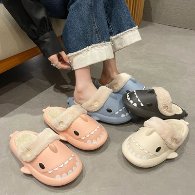 Winter Shark Slippers Woman Cotton Waterproof Sandals Indoor Non-slip Slides Plush Home Warm Couple Shark Flip Flops Flat Shoe