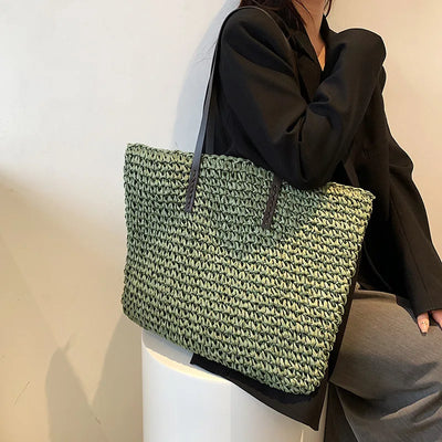 Women Handbag Summer Beach Bag Rattan Woven Handmade Knitted Straw Large Capacity Totes Leather Women Shoulder Bag Bohemia New