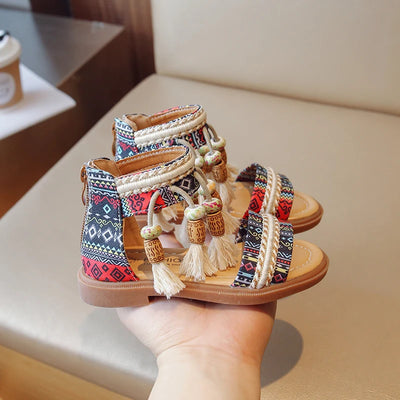 Girls Sandals Ethnic Retro Children Fashion Casual Shoes Tassels 2024 Back Zipper Summer New Sandals Kids Pattern GLADIATOR Cute