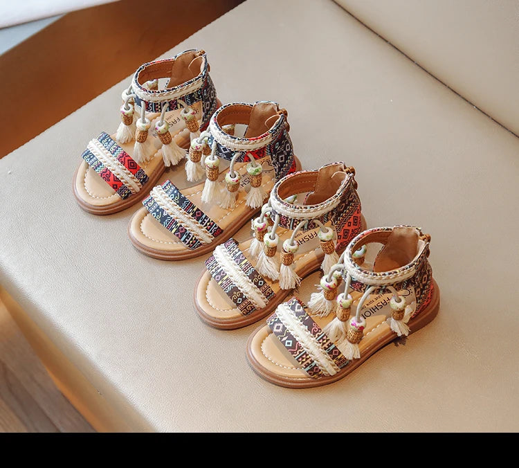 Girls Sandals Ethnic Retro Children Fashion Casual Shoes Tassels 2024 Back Zipper Summer New Sandals Kids Pattern GLADIATOR Cute