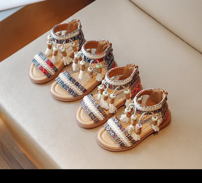 Girls Sandals Ethnic Retro Children Fashion Casual Shoes Tassels 2024 Back Zipper Summer New Sandals Kids Pattern GLADIATOR Cute