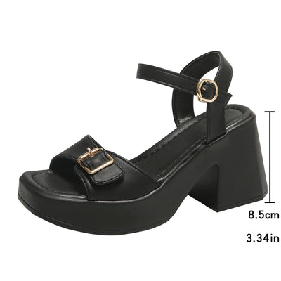 Women's thick sole sandals solid color casual shoes one line buckle high heel sandals women's wedge shaped fish mouth shoes
