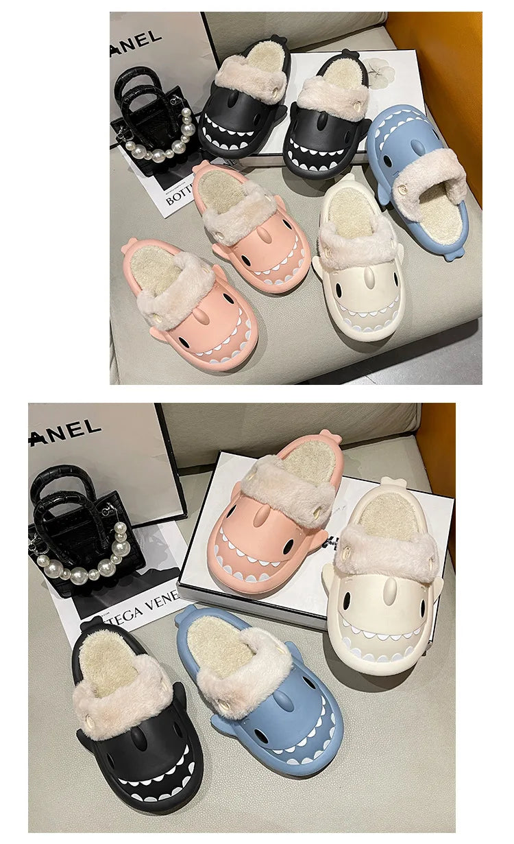 Winter Shark Slippers Woman Cotton Waterproof Sandals Indoor Non-slip Slides Plush Home Warm Couple Shark Flip Flops Flat Shoe